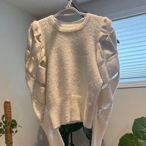 ZARA Cream Puff Sleeve Sweater Textured Knit Embellished Small